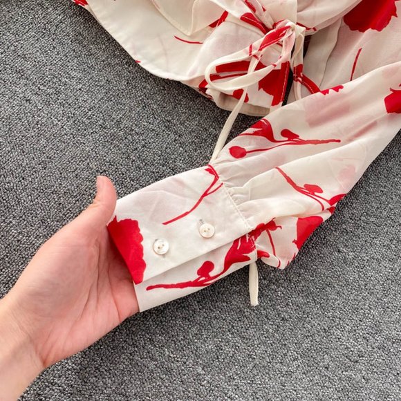 Women's V Neck Long Sleeve Chiffon Printed Dress - Picture 15 of 16